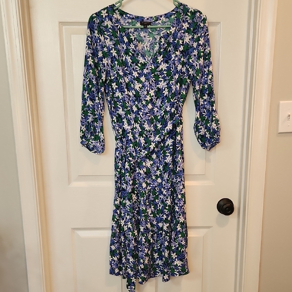 TALBOTS SIZE 4 petit Green and Blue Fit and Flare Dress with Ruched Puff Sleeves - Picture 1 of 7